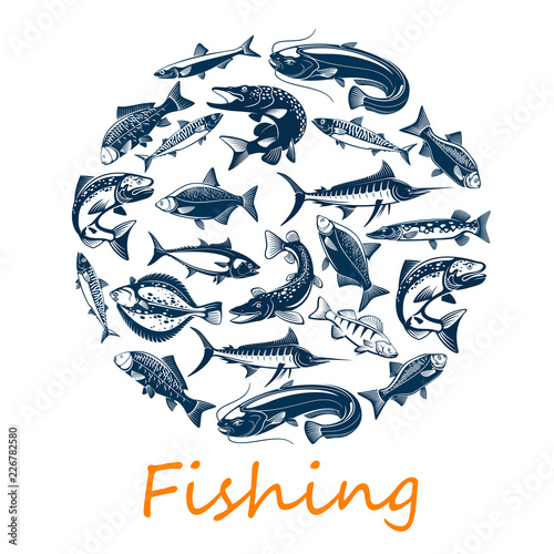 Fishing poster with sea and ocean fish, vector