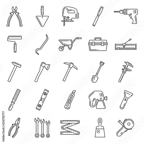 Repair and construction tools, thin line icons