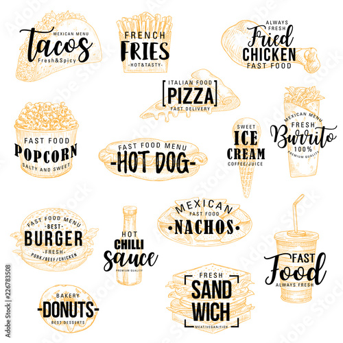 Fast food snacks, burgers and pizza lettering