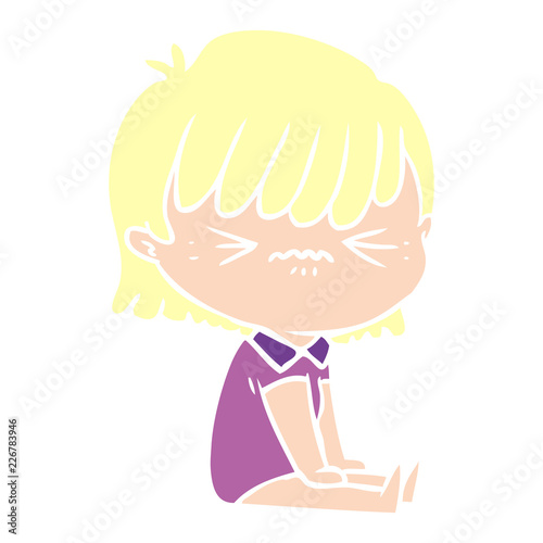annoyed flat color style cartoon girl sitting