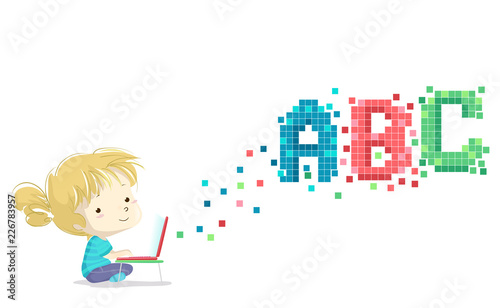 Kid Girl Laptop Pixels Illu...