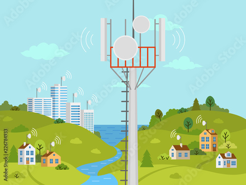 Cellular transmission tower in front of landscape. Wireless radio signal connection with houses and buildings through obstacles. Mobile communications tower with satellite communication antennas.