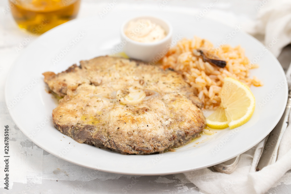 fried blue shark with rice on white plate fried blue shark with rice on white plate