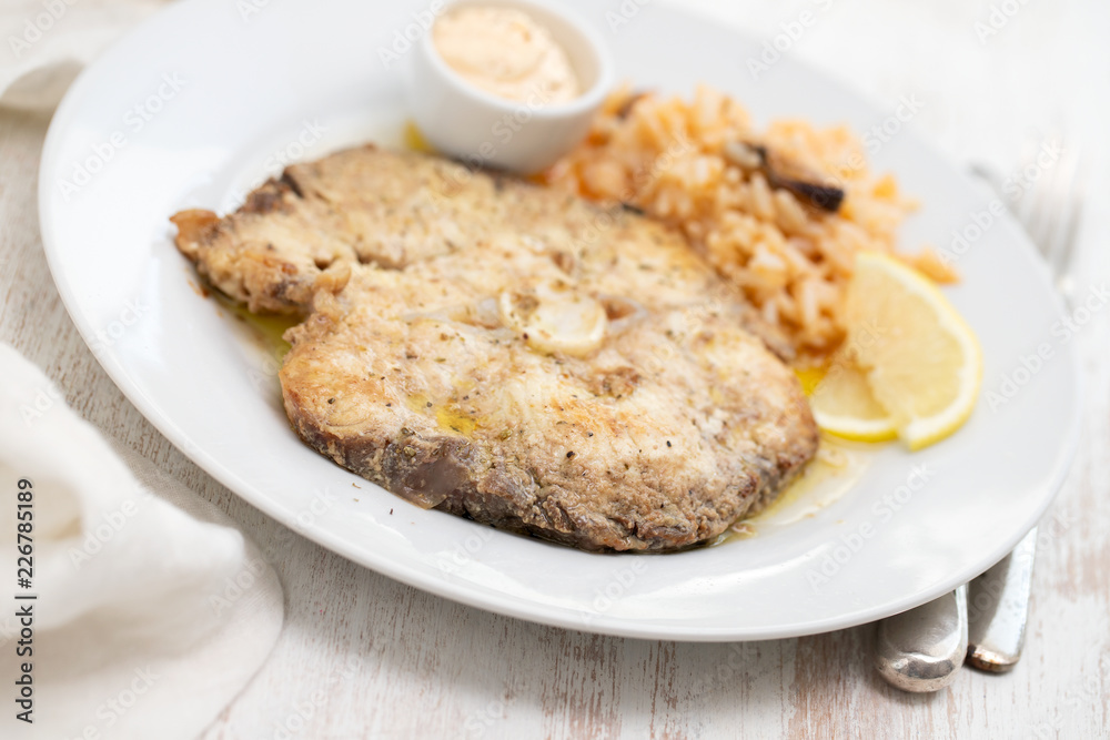 fried blue shark with rice on white plate fried blue shark with rice on white plate