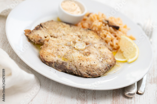 fried blue shark with rice on white plate