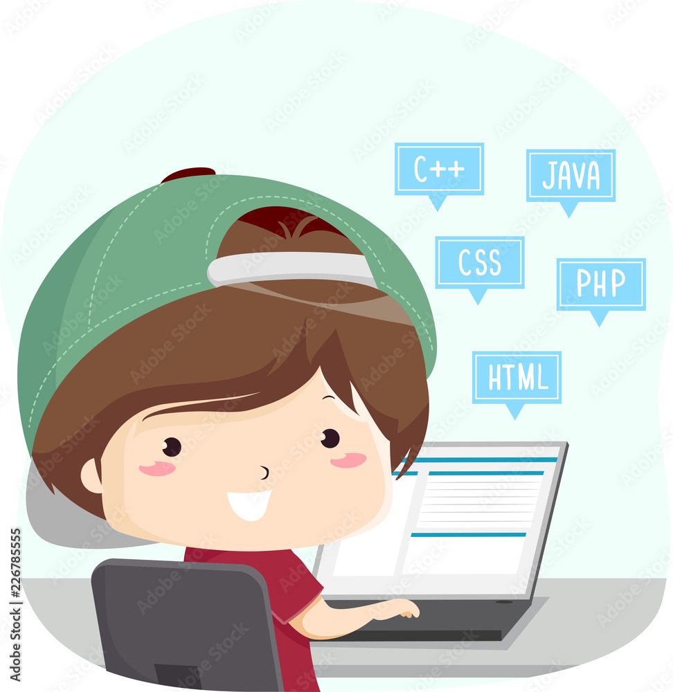 Kid Boy Programming Languages Illustration Stock Vector | Adobe Stock