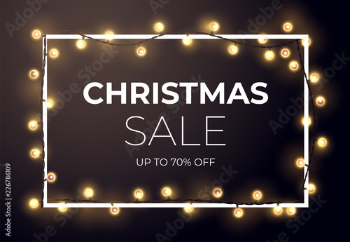 Dark Christmas sale design with glowing golden stars and light bulb garlands. Vector illustration.