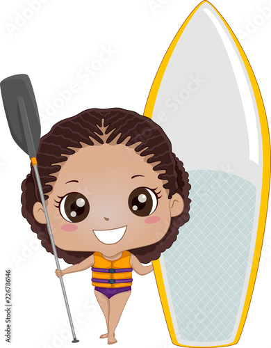 Kid Girl Black Paddleboarding Illustration