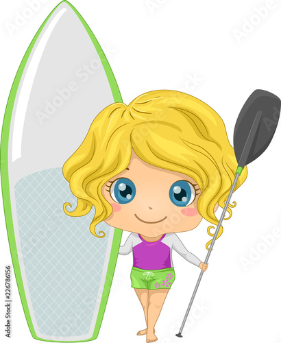 Kid Girl Paddleboarding Illustration
