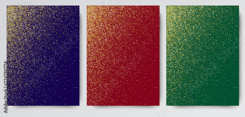 Gold glitter texture isolated on green red blue . Amber particles color. Celebratory background.