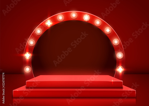 Stage podium with lighting, Stage Podium Scene with for Award Ceremony on red Background. Vector illustration