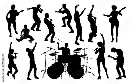 A set of musicians, rock or pop band singers, drummers, and guitarists high quality silhouettes