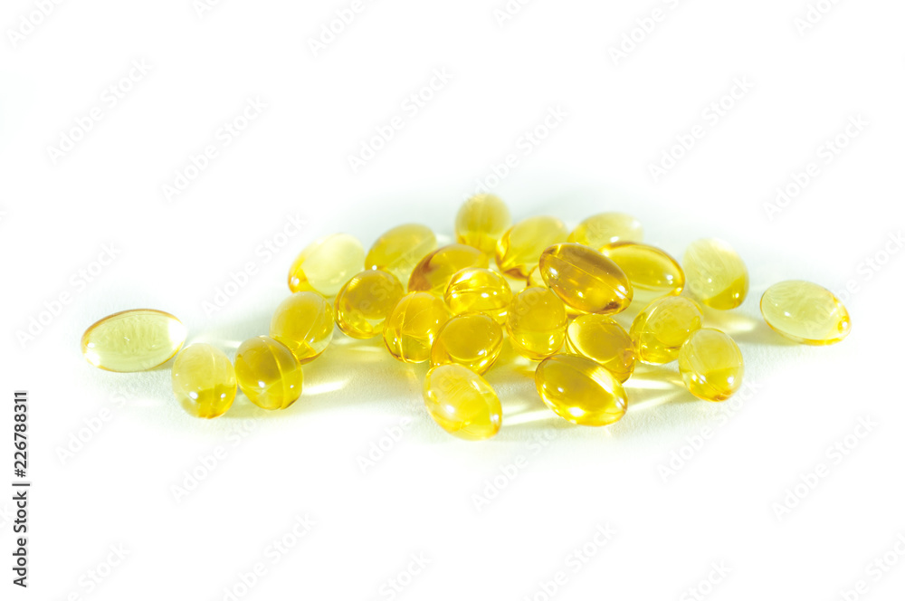 Fish oil, evening primrose, omega 3, omega 6, omega 9, vitamin D, vitamin A Food supplement capsules, softgels close up Fish oil, evening primrose, omega 3, omega 6, omega 9, vitamin D, vitamin A Food supplement capsules, softgels close up