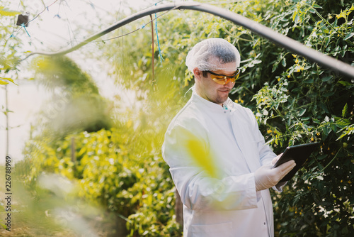Picture of smiling young man in sterile clothes standing in greenhouse and looking at his tablet. Taking notes about plants condition.