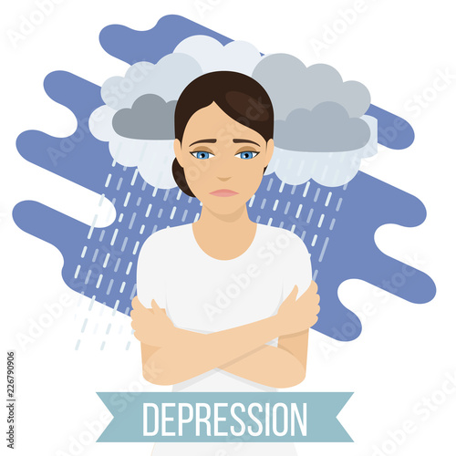 Sad, unhappy woman suffers from depression. Female feels sadness and loneliness. Vector