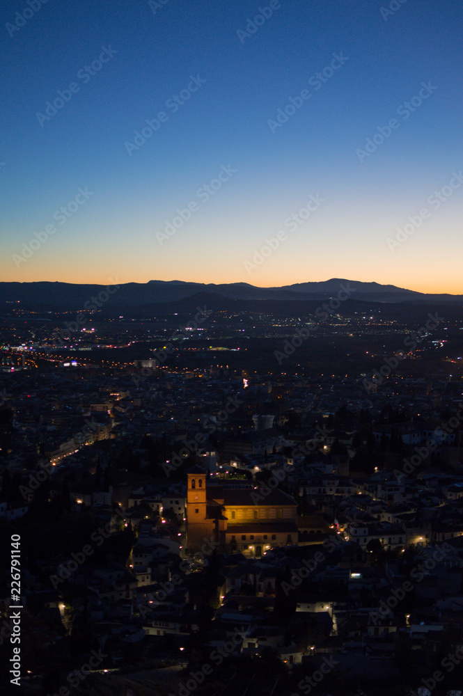 Panorama of Granada and Sierra Nevada with Afterglow seen from Sacromonte Hill, Spain
