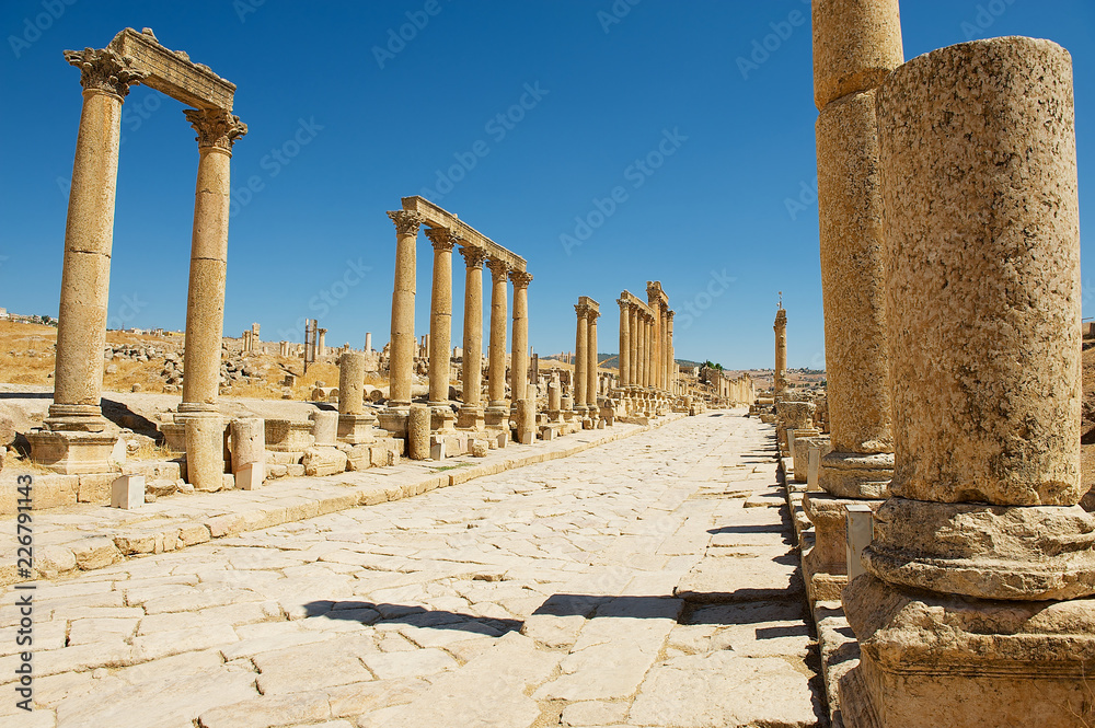 Ruins of the Colonnade street in the ancient Roman city of Gerasa (modern Jerash) in Jordan.