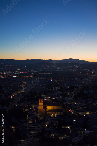 Panorama of Granada and Sierra Nevada with Afterglow seen from Sacromonte Hill, Spain