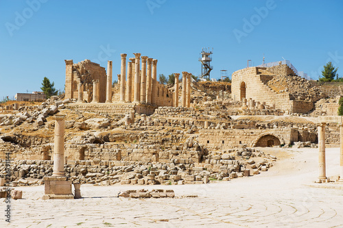 Ruins of the temple of Zeus in the ancient Roman city of Gerasa (modern Jerash) in Jordan.