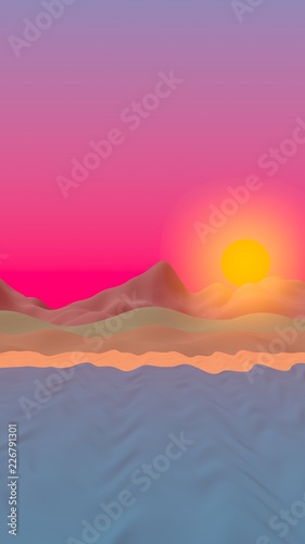 Sun Sea Beach. Sunset. Ocean shore line with waves on a beach. Island beach paradise with waves. Vacation  summer  relaxation. Seascape  seashore. Minimalist landscape  primitivism. 3D illustration