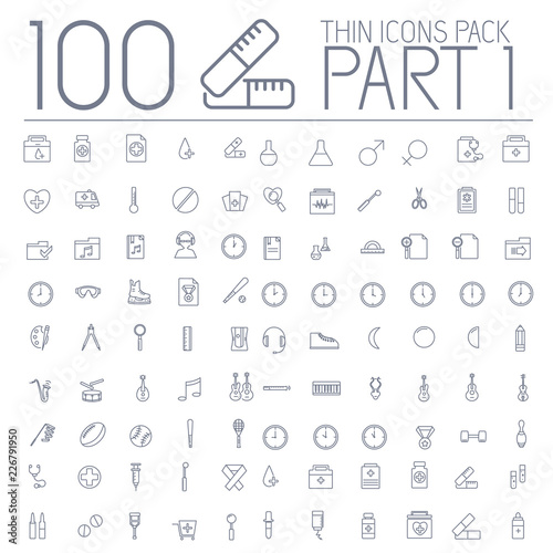 part 1 of set 100 thin line icons pictogram. For web and mobile. Medical, business, ofiice, sport, education, music, whether themes. Vector illustration design