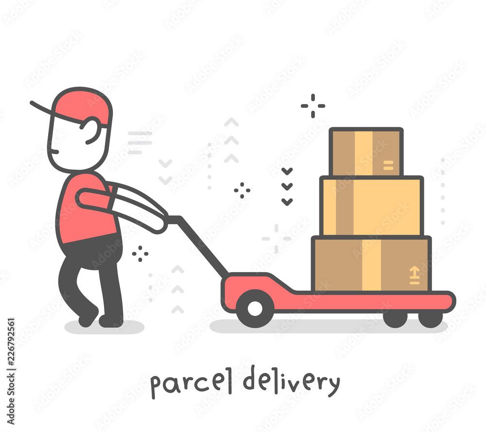 Vector creative illustration of delivery happy man in red uniform with cap pulling boxes on wheelbarrow. Vector creative illustration of delivery happy man in red uniform with cap pulling boxes on wheelbarrow.