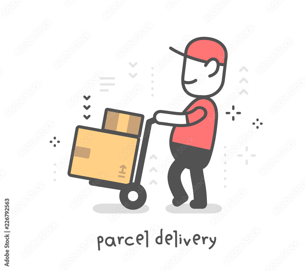 Vector creative illustration of delivery happy man in red uniform with cap pulling boxes on hand truck. Fast delivery of parcel service. Vector creative illustration of delivery happy man in red uniform with cap pulling boxes on hand truck. Fast delivery of parcel service.