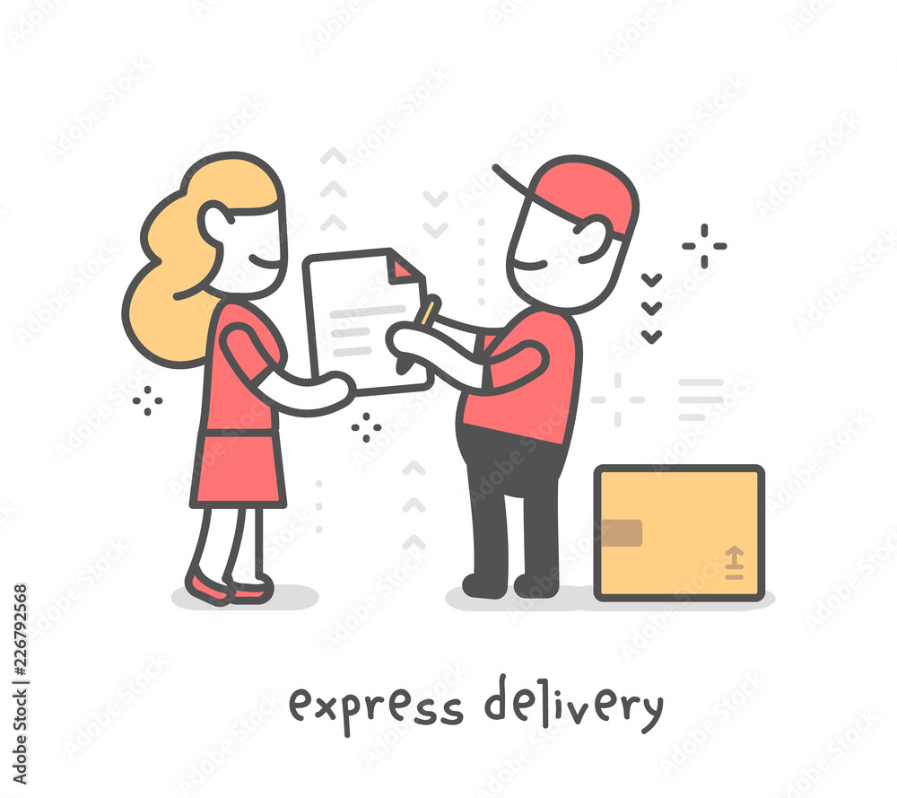 Vector creative illustration of delivery happy man in red uniform with cap and client sign a delivery document. Express delivery of parcel service.