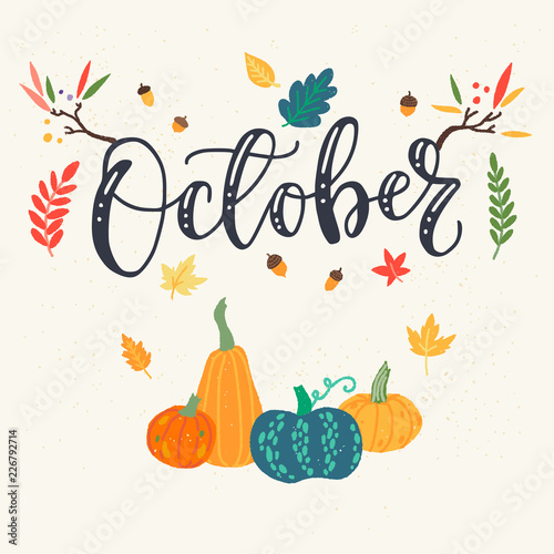Ocrober calligraphy and autumn clipart