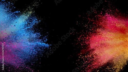Super slow motion of coloured powder explosion isolated on black background. Filmed on high speed cinema camera, 1000fps.