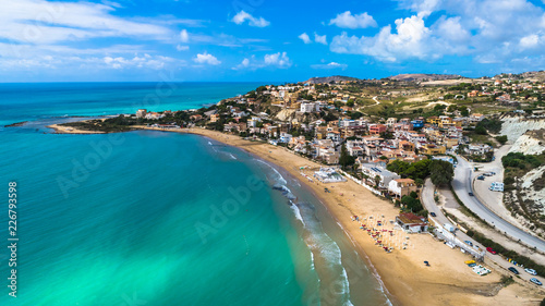 Aerial. Public beach nerar The Scala dei Turchi. Realmonte, near Porto Empedocle, southern Sicily, Italy.