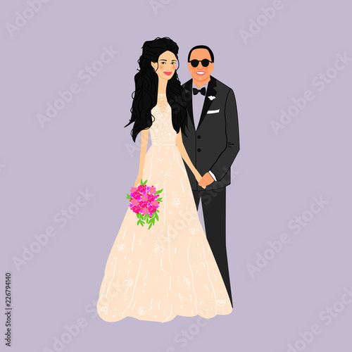 Fototapeta Naklejka Na Ścianę i Meble -  Bride and groom.Couple. Wedding card with the newlyweds. Isolated objects. Vector illustration.