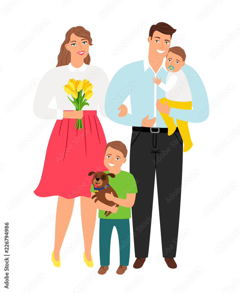 Happy young family. Cartoon parent mother and father, smiling kids and dog vector illustration