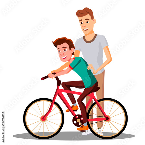 Father Teaches His Son To Ride A Bicycle Vector. Isolated Illustration