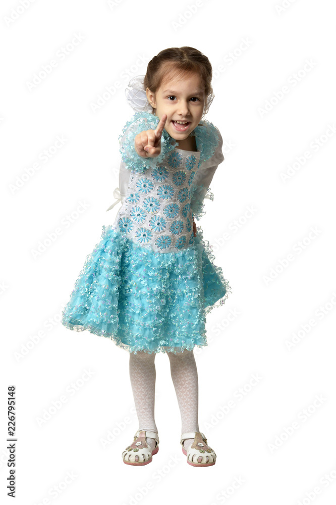 Portrait of little girl in a blue dress on white background Portrait of little girl in a blue dress on white background