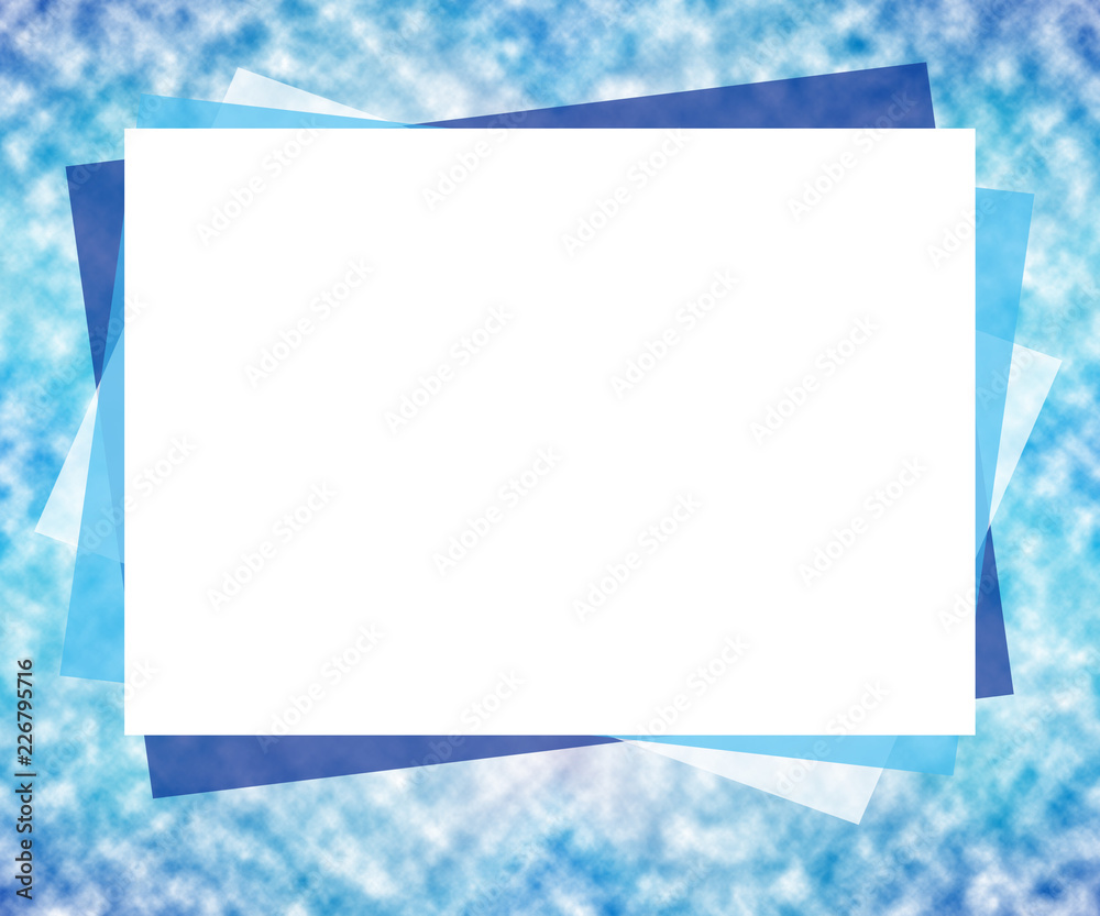 Blue picture frame. White paper on blurred background. Art border design for Christmas mock up concepts, snow effect. Template for new year gift card, postcard, invitation, presentation, poster, flyer