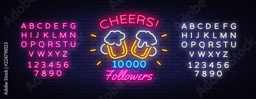 Follow Memphis neon sign vector. Cheers Party celebration Memphis card for social media Design template neon sign, light banner, neon signboard, light inscription. Vector. Editing text neon sign