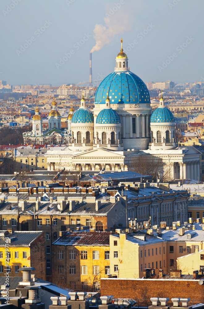 St. Petersburg. View of the beautiful blue domes of the Trinity Cathedral or Troitsky Izmailovsky Sobor in a winter sunny cold day
