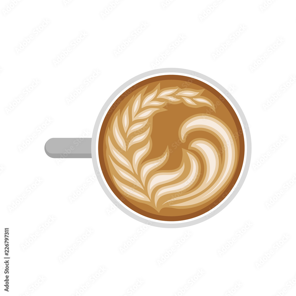 Coffee latte with milk foam in shape of leaf. Cup of hot cappuccino, top  view. Tasty morning drink. Flat vector design Stock Vector | Adobe Stock