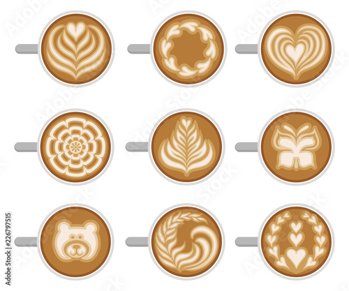 Flat vector set of coffee cups with different latte art, top view. Fresh and tasty cappuccino. Hot morning drink