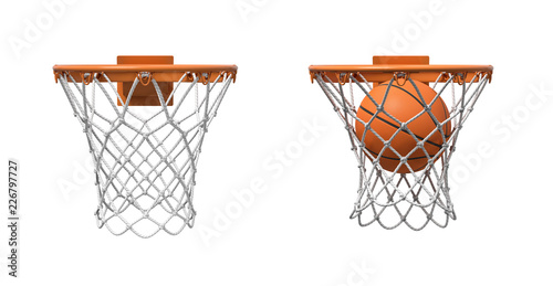 Obraz na plátně 3d rendering of two basketball nets with orange hoops, one empty and one with a ball falling inside