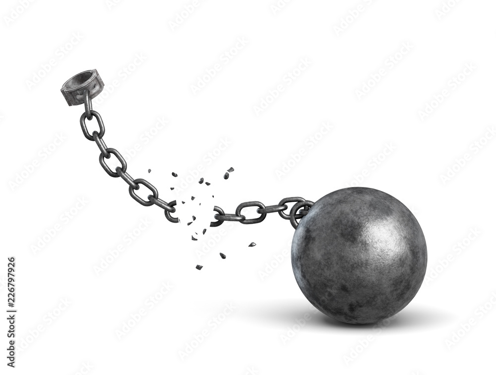 3d rendering of a metal shackle and an iron ball disconnected because