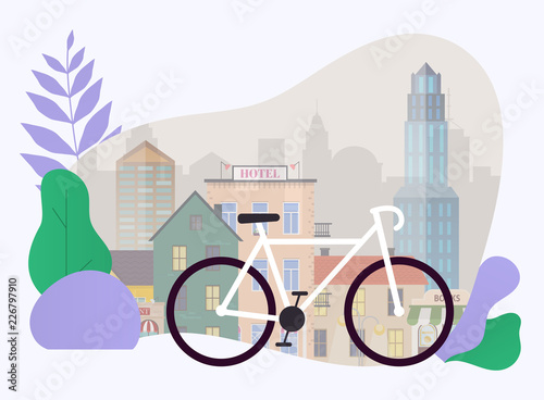 City bike hire rental tours for tourists and city visitors. Vector poster or banner template. Flat design modern vector illustration concept.
