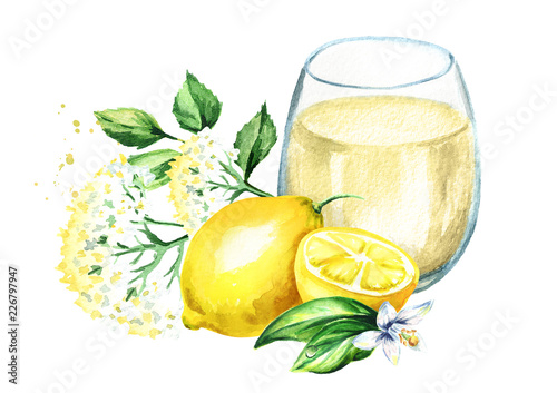 Glass of Homemade elderflower syrup, summer drink, with elder flower and lemon. Watercolor hand drawn illustration, isolated on white background photo