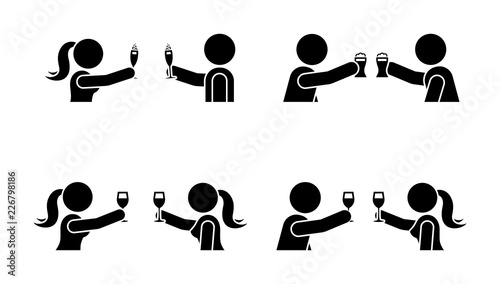 Stick figure men and women making toast with wine, beer, champagne icon. Happy celebration of young people pictogram