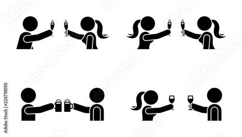 Stick figure men and women drinking wine, beer, champagne icon. Happy celebration of young people pictogram
