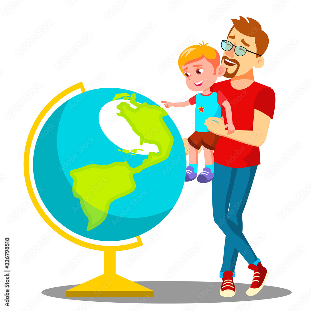Father And Son Looking At The Globe Vector. Isolated Illustration Father And Son Looking At The Globe Vector. Isolated Illustration