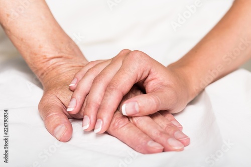 Young Woman's Hand Touching an Old Woman's Hand