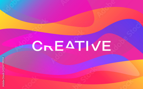 Creative. Color shapes design. Modern colorful poster. Bright waves with white inscription. Trendy abstract background. Orange and purple gradients. Vector illustration