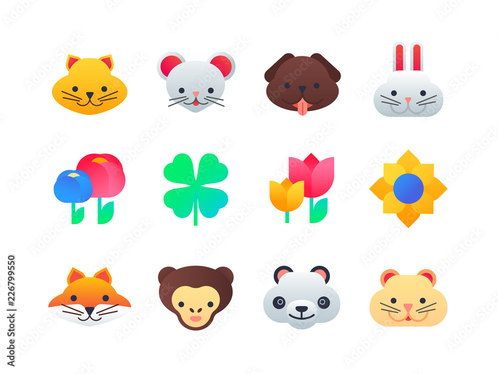 Fototapeta premium Animals and flowers - set of flat design style icons
